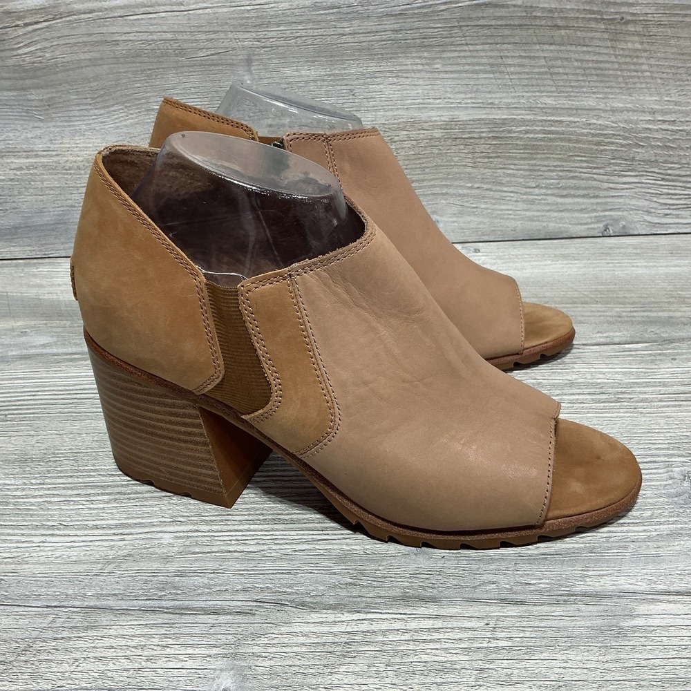 Sorel Tan Beige Open Toe Chunky Heel Zip Up Shoes NL3574-246 Women's Size 10
